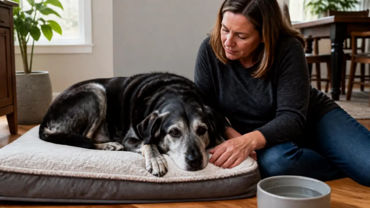 Woman gently comforting a senior dog resting on a bed at home, with a water bowl nearby during recovery.