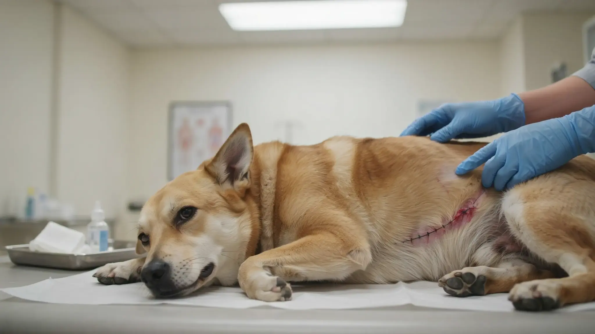 Veterinarian in blue gloves examining a dog's stitched spay incision while she rests calmly on a clinic exam table.