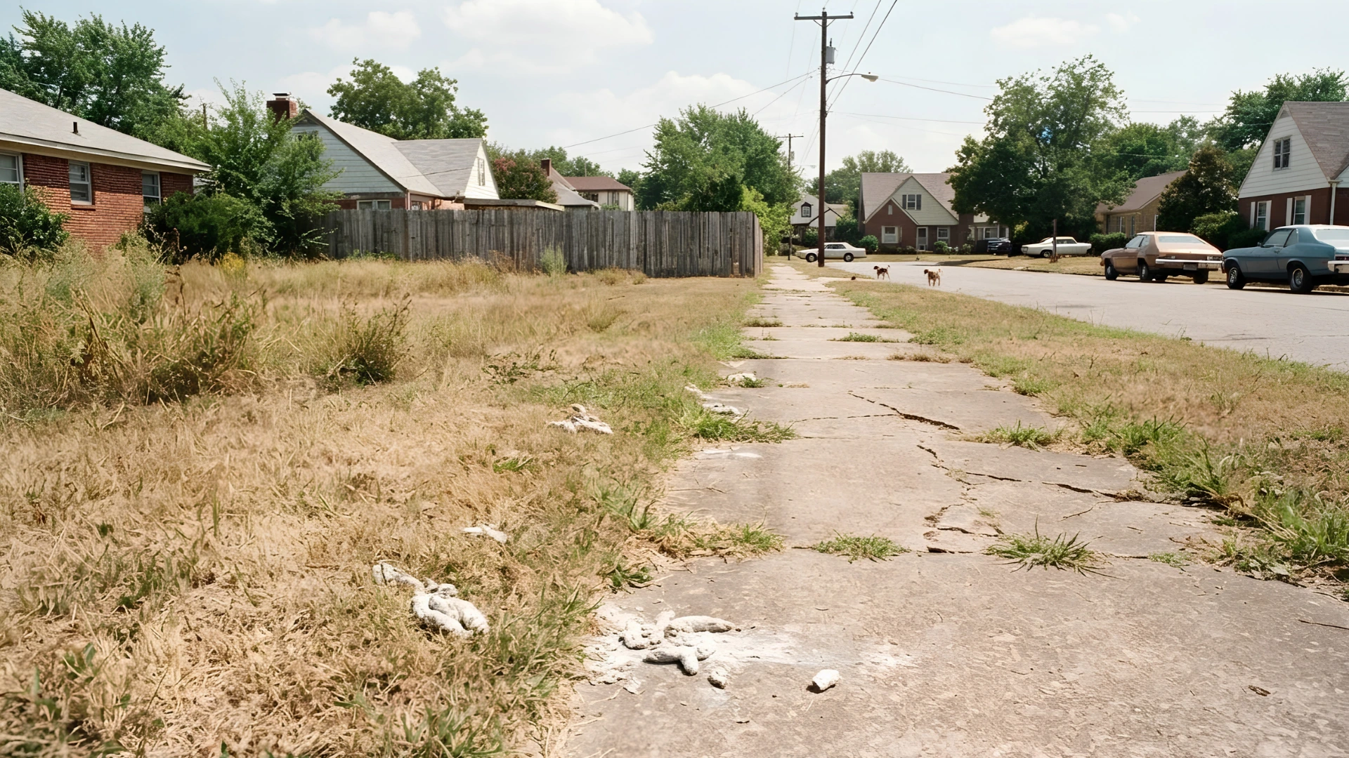 1970s suburban sidewalk showing dried white dog poop remains on dry grass and pavement in sunny weather