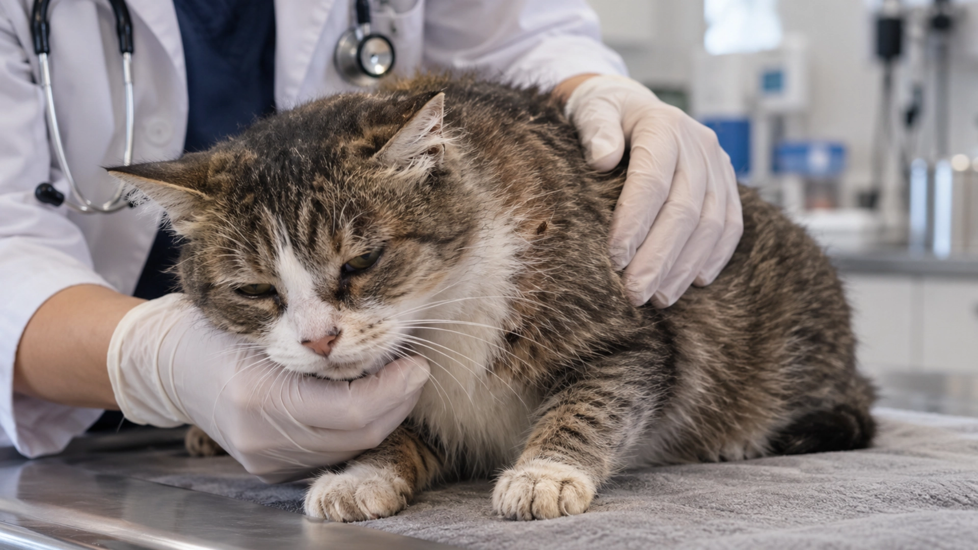 veterinarian supporting a weak lethargic tabby cat during an examination at a veterinary clinic