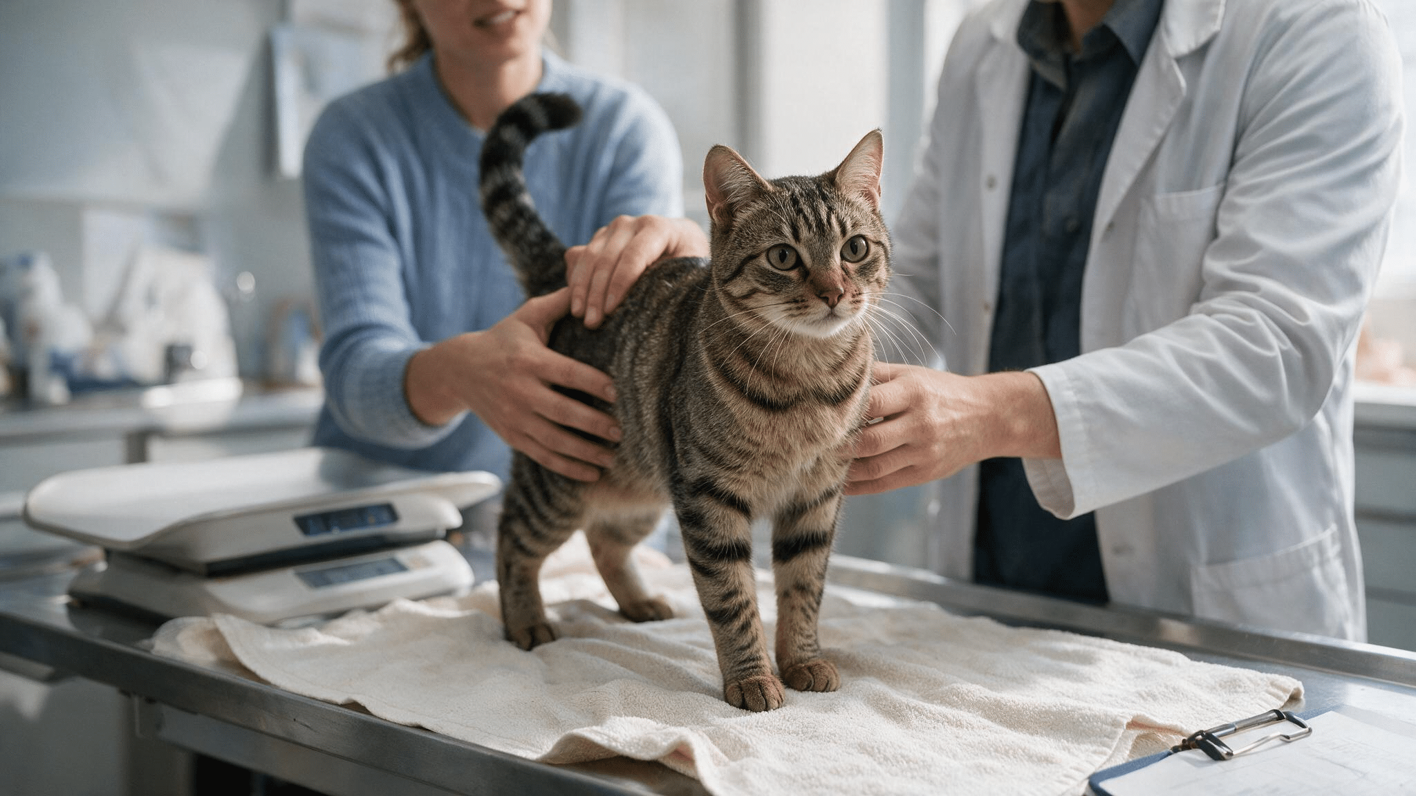 young female tabby cat receiving a routine pre-spay health check from a veterinarian inside a realistic veterinary clinic