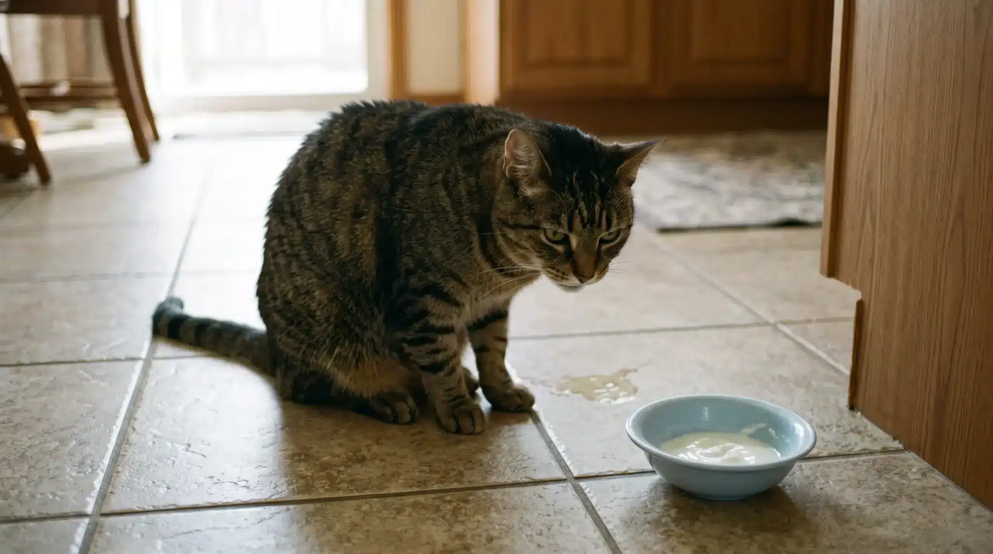 cat sitting beside a small bowl of yogurt at home while showing mild signs of stomach discomfort