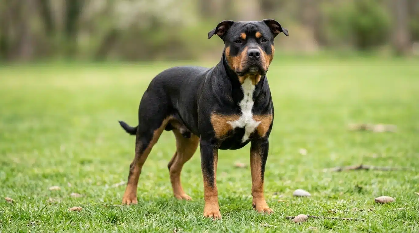 single adult pitweiler dog standing on grass with a muscular build black and tan coat and white chest patch