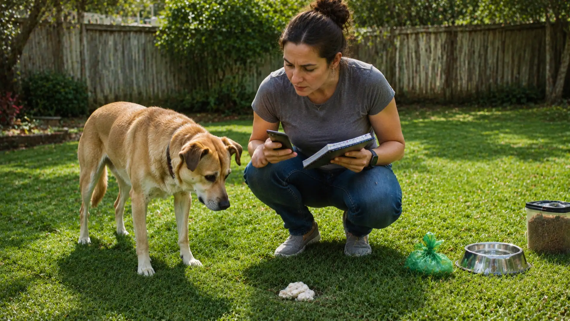 dog owner checking a white stool change while monitoring pet health in backyard