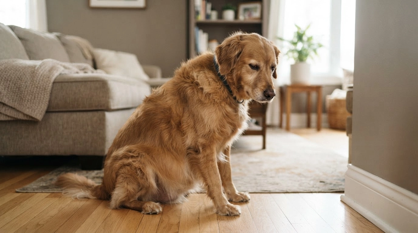 dog sitting on floor with bloating after eating unsafe potatoes