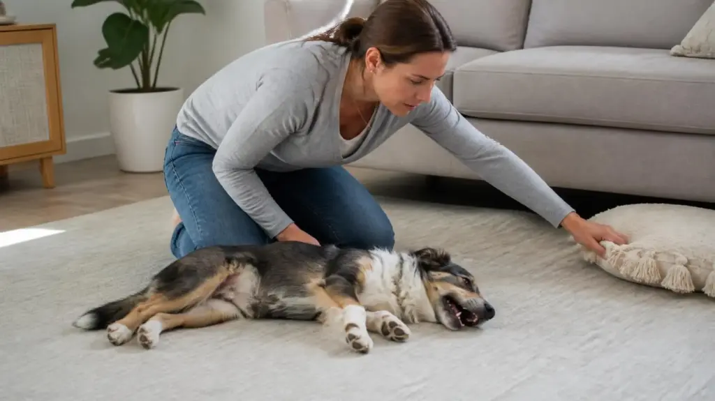 Owner kneeling beside a dog having a seizure on the living room floor, gently moving a pillow aside to clear the space
