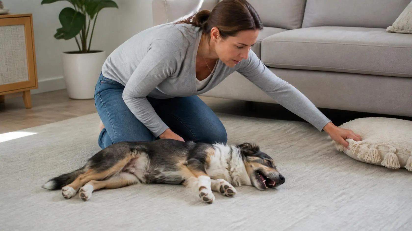 Owner kneeling beside a dog having a seizure on the living room floor, gently moving a pillow aside to clear the space