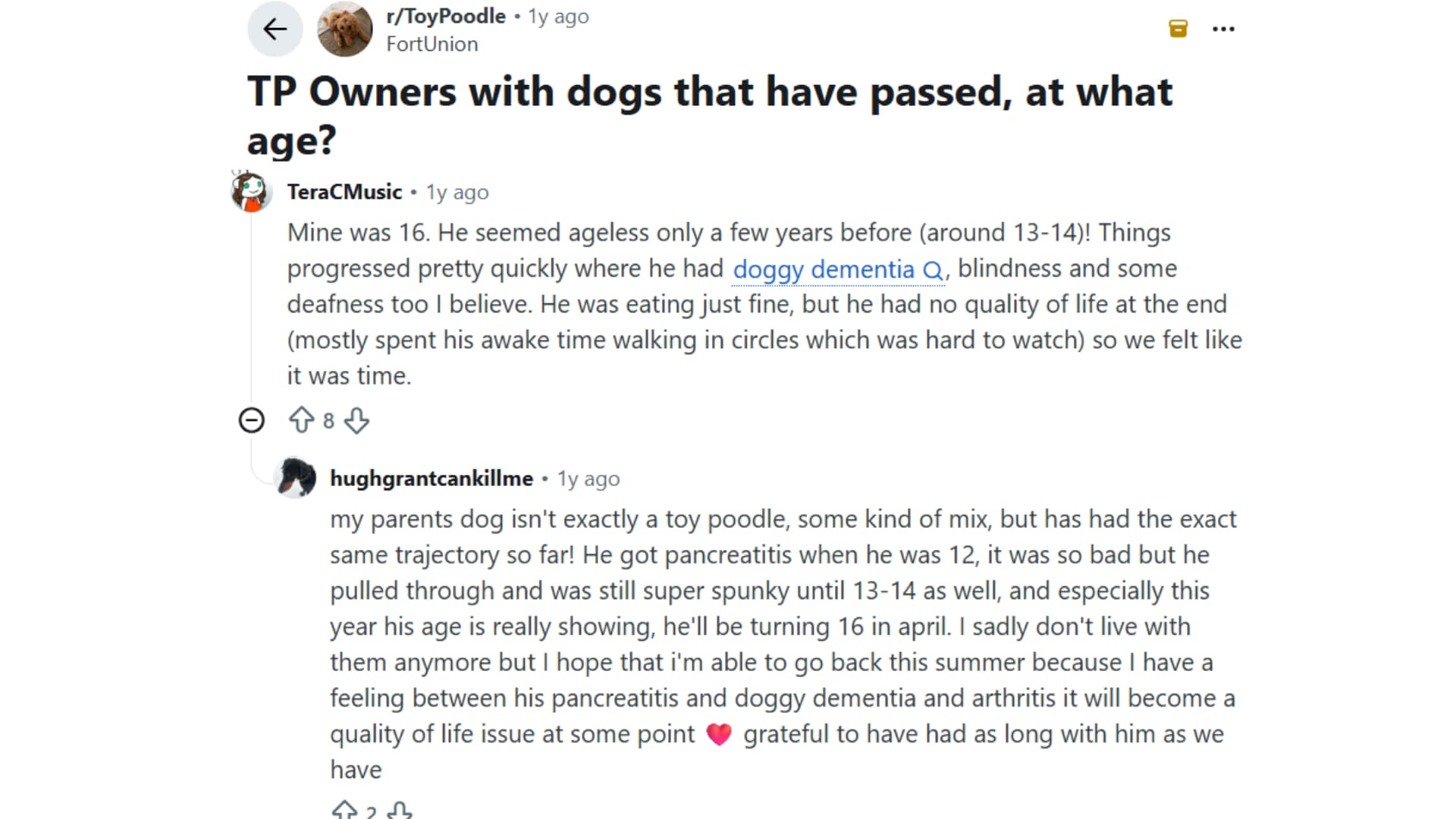 reddit discussion showing toy poodle owners sharing the ages and health experiences of dogs that passed away