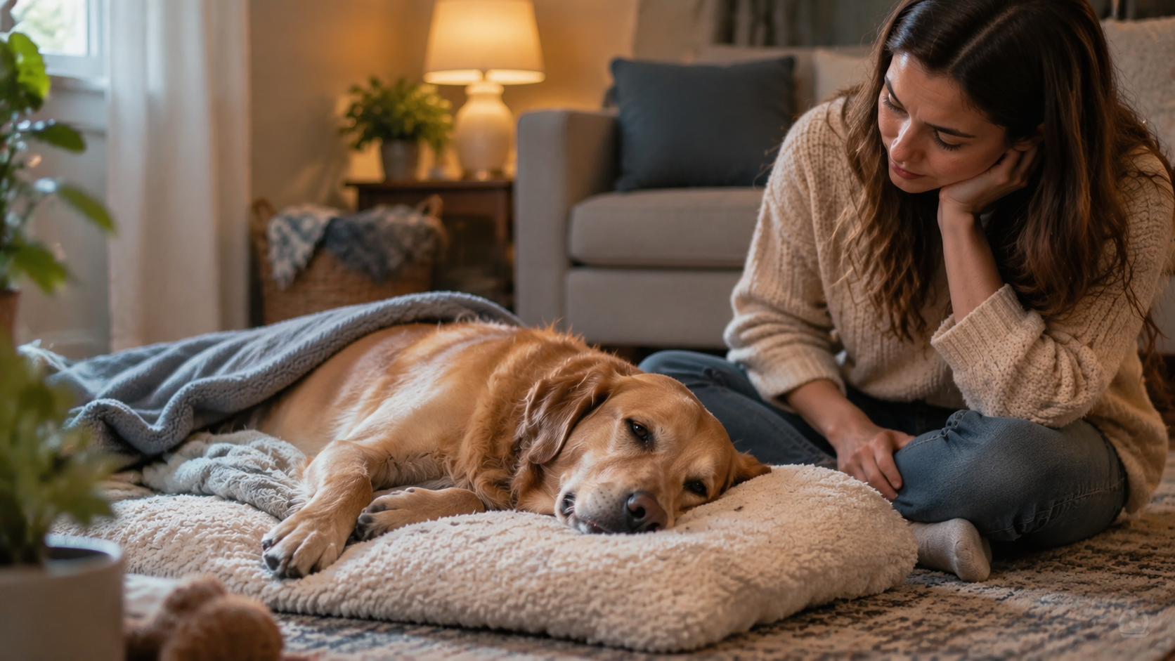 golden retriever resting on a soft bed after a seizure while owner provides calm support in a quiet room