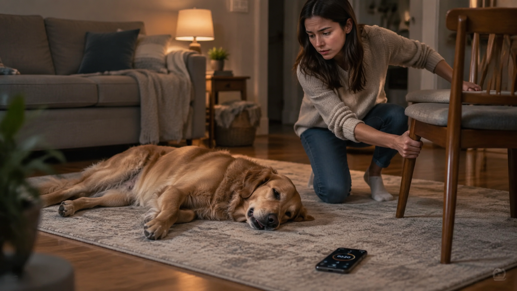 woman moving chair away while golden retriever rests safely during a seizure with phone timer nearby in living room