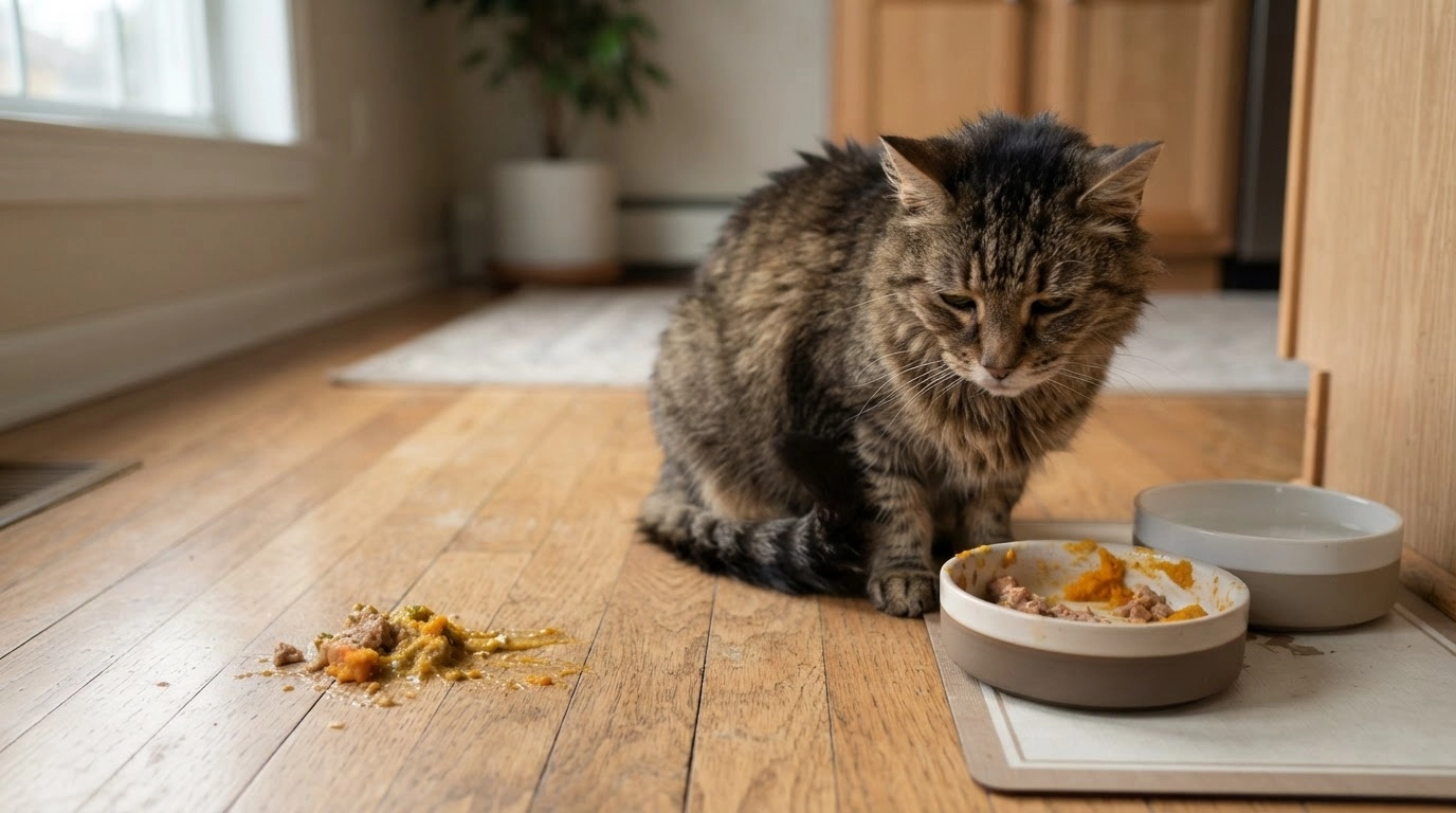 cat vomiting after eating pumpkin showing digestive reaction in a realistic home setting