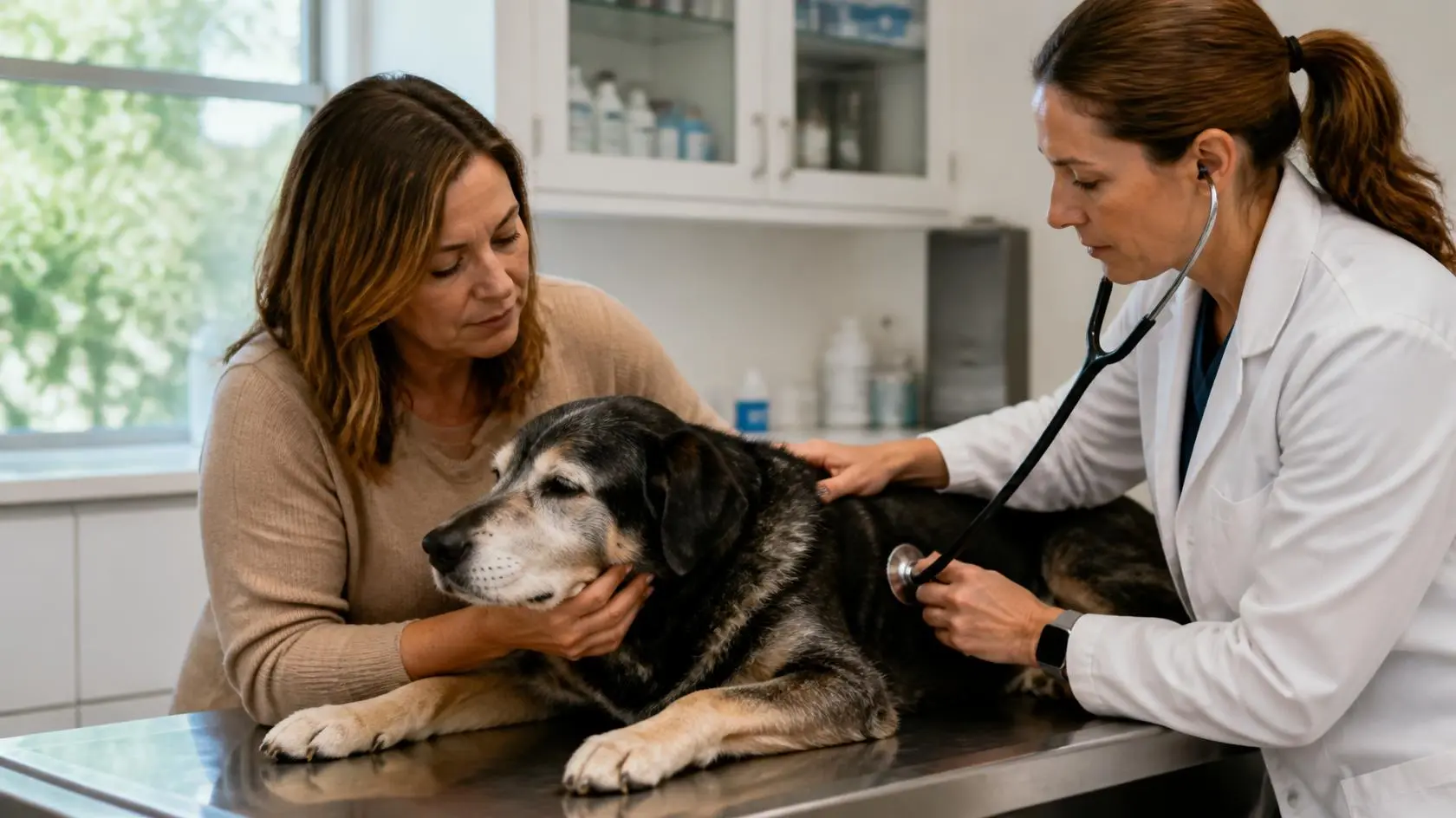 Owner comforts her senior dog on an exam table while a veterinarian listens to its heartbeat with a stethoscope closely