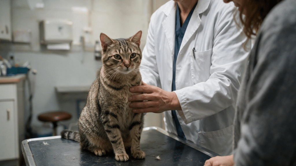 female tabby cat sitting on a veterinary exam table during a calm pre-spay consultation with a veterinarian and owner nearby