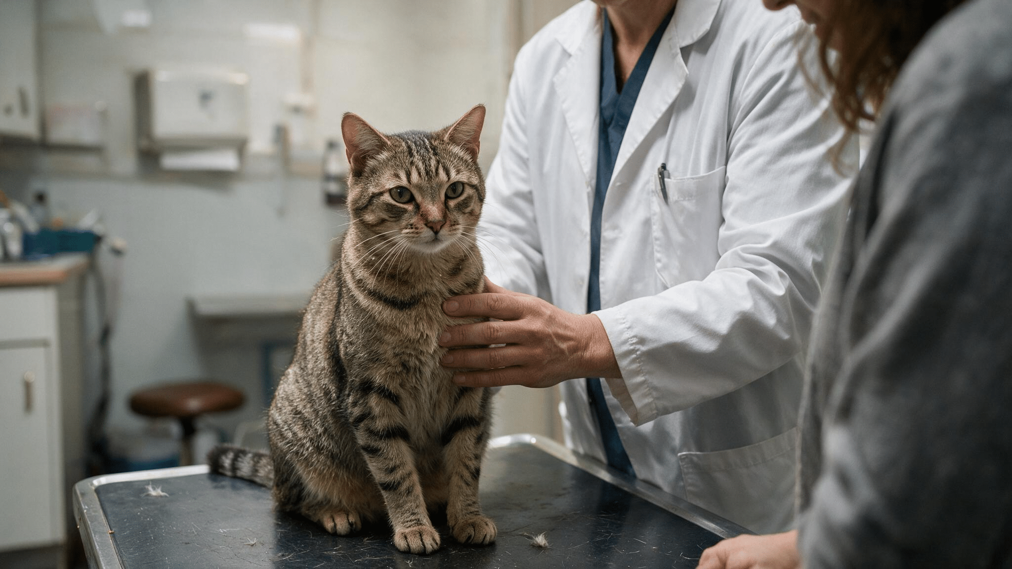 female tabby cat sitting on a veterinary exam table during a calm pre-spay consultation with a veterinarian and owner nearby