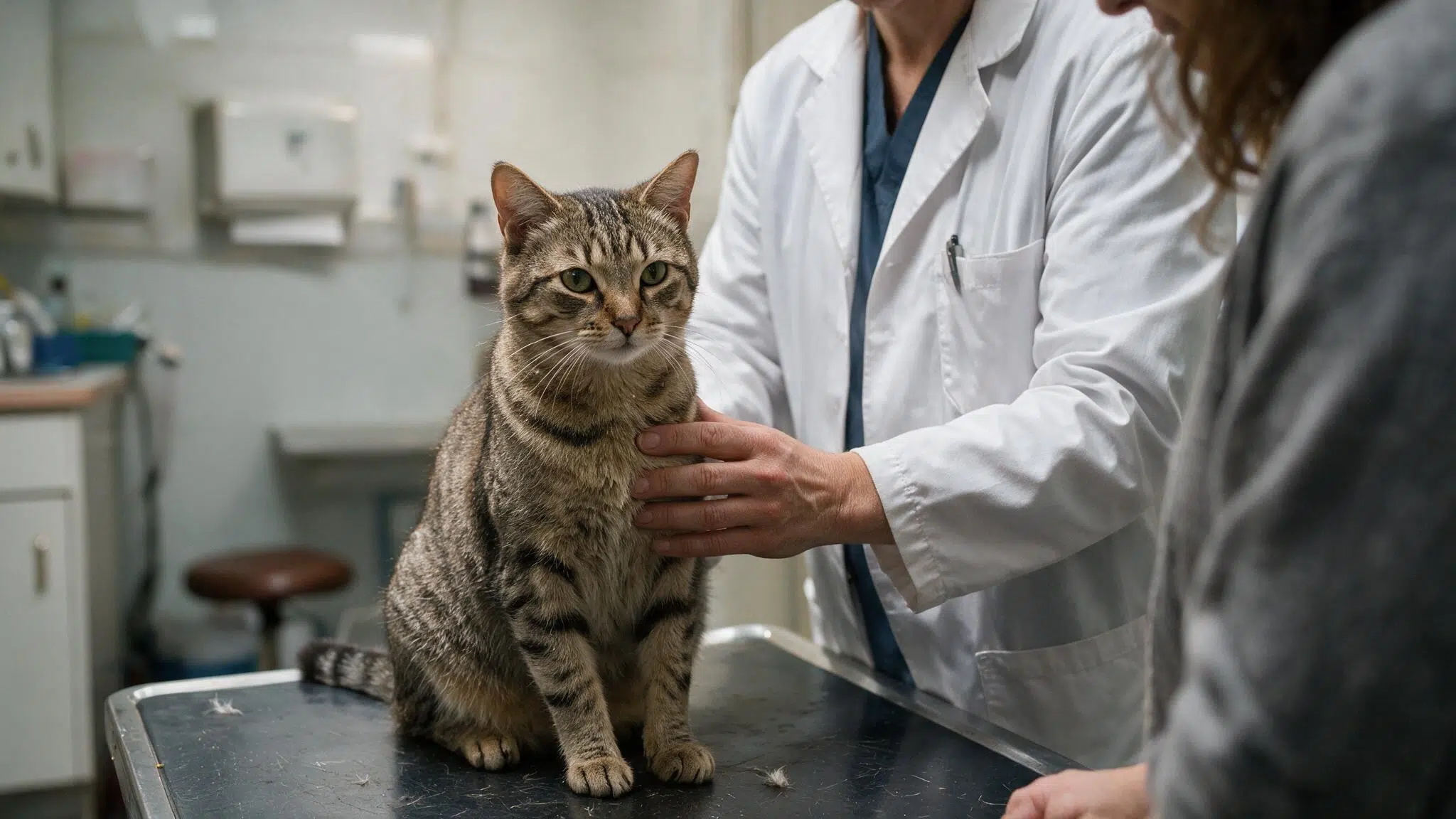 female tabby cat sitting on a veterinary exam table during a calm pre-spay consultation with a veterinarian and owner nearby