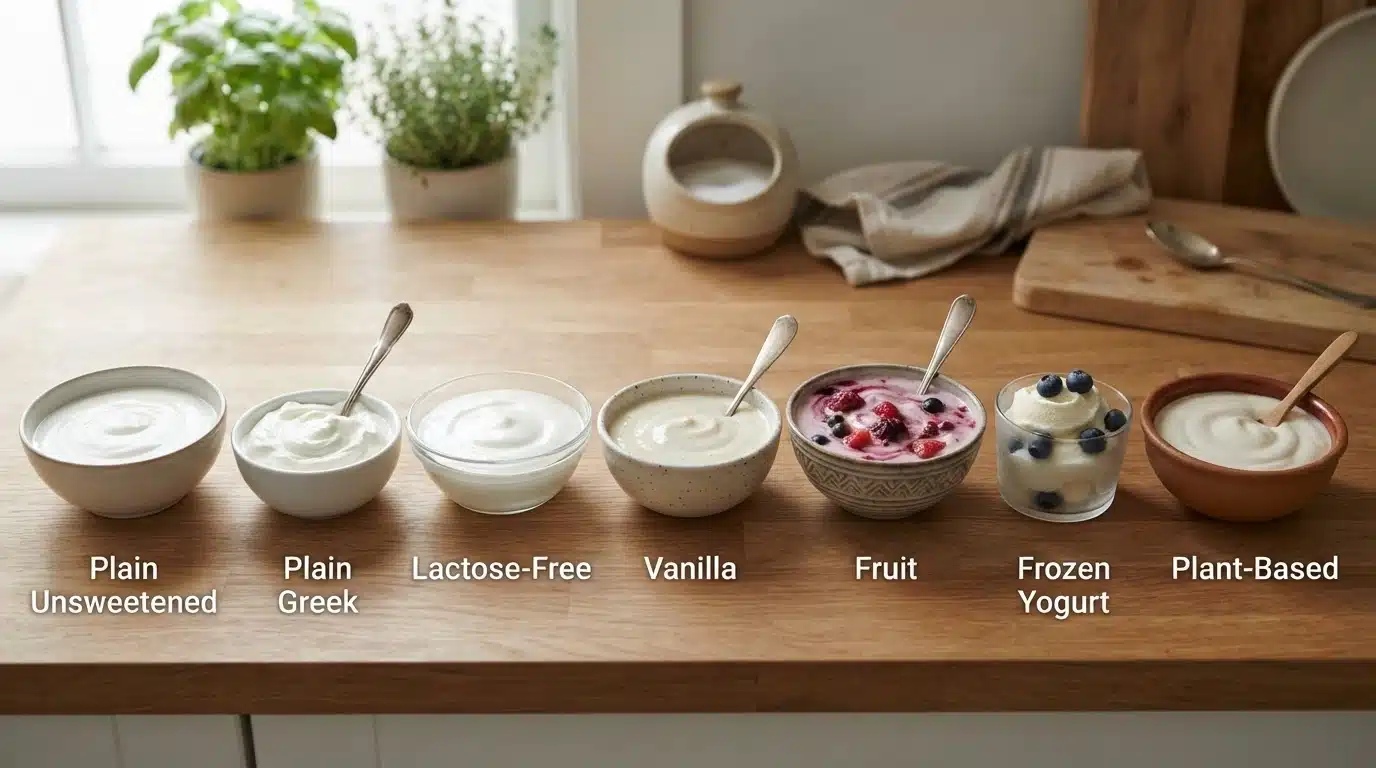 seven bowls of yogurt varieties on a kitchen table, each with distinct texture and appearance shown