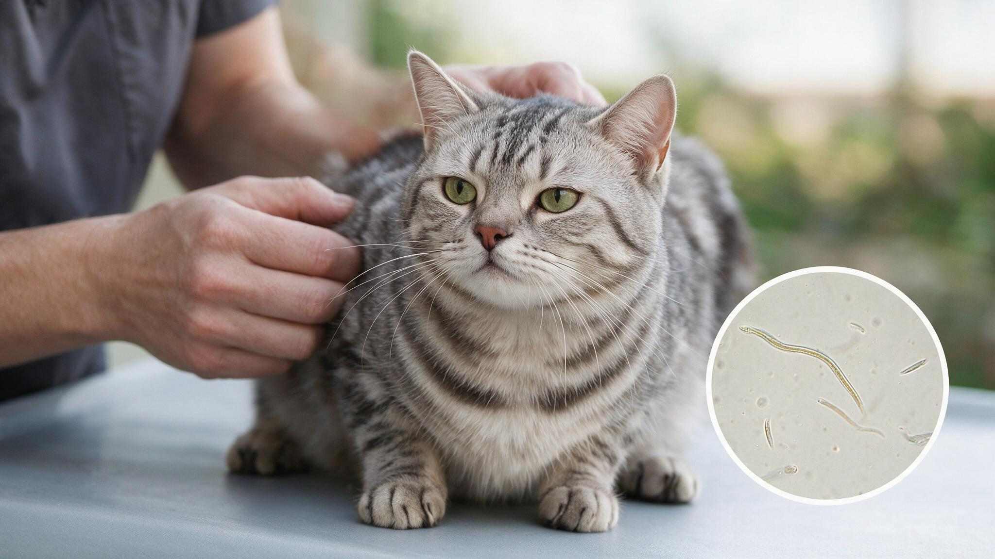 cat receiving veterinary examination with microscope image showing thin whipworm parasite structures