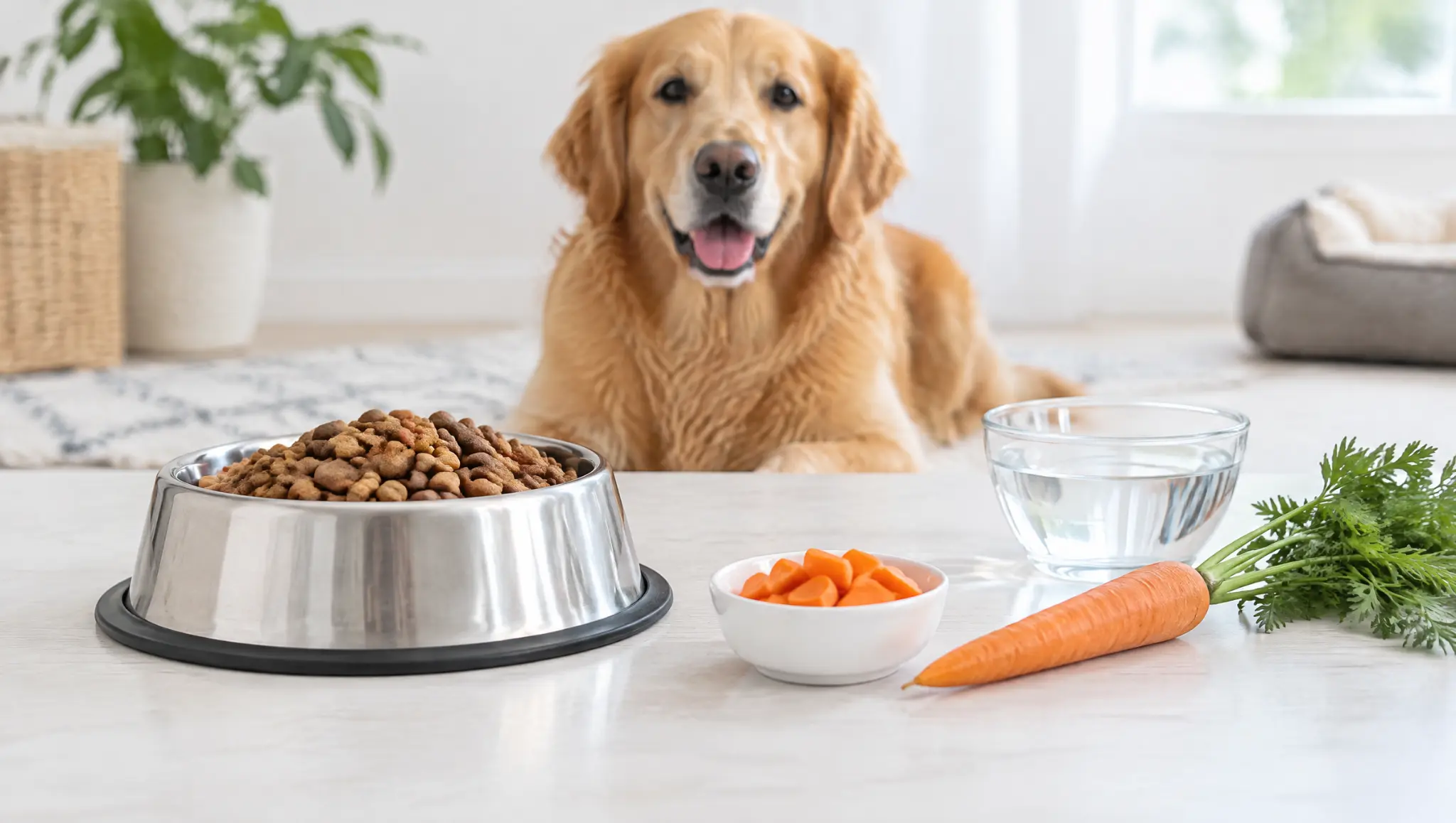 small carrot pieces beside a full dog food bowl with a healthy dog waiting in the background