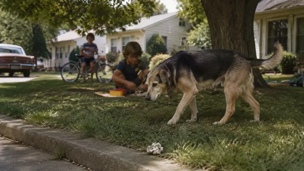 white chalky dog poop pile on grass with a curious dog in a nostalgic backyard setting