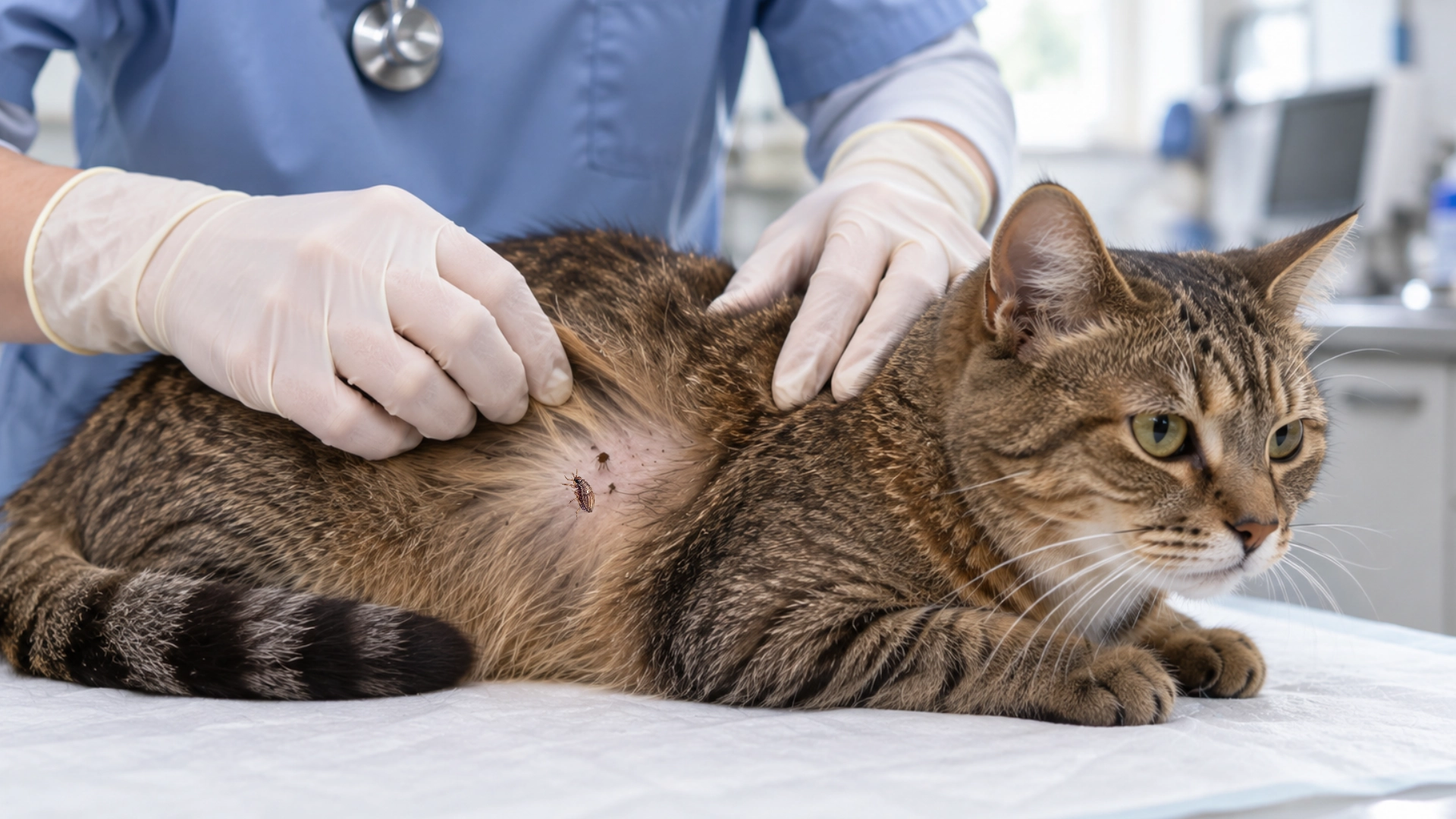 veterinarian examining a tabby cat for fleas and flea dirt during a routine clinic checkup