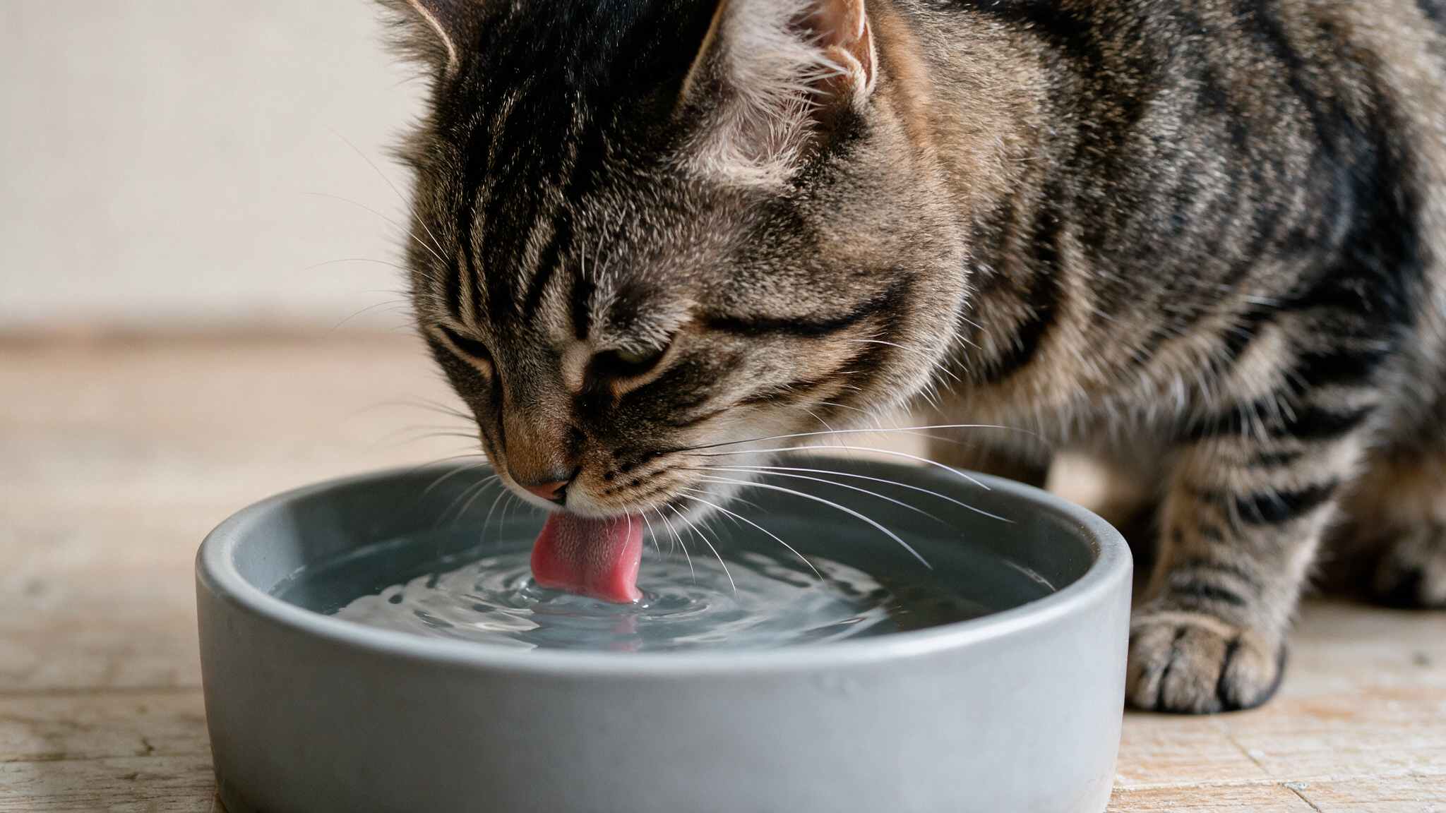 tabby cat drinking water from a ceramic bowl indoors showing close up hydration behavior with detailed fur texture and whiskers