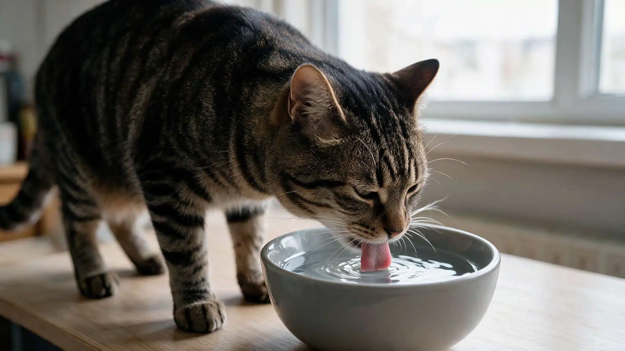 tabby cat drinking water from a bowl indoors near a bright window showing increased hydration behavior at home