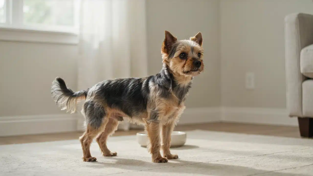 adult yorkshire terrier standing outdoors with a long silky steel blue and golden tan coat and upright ears