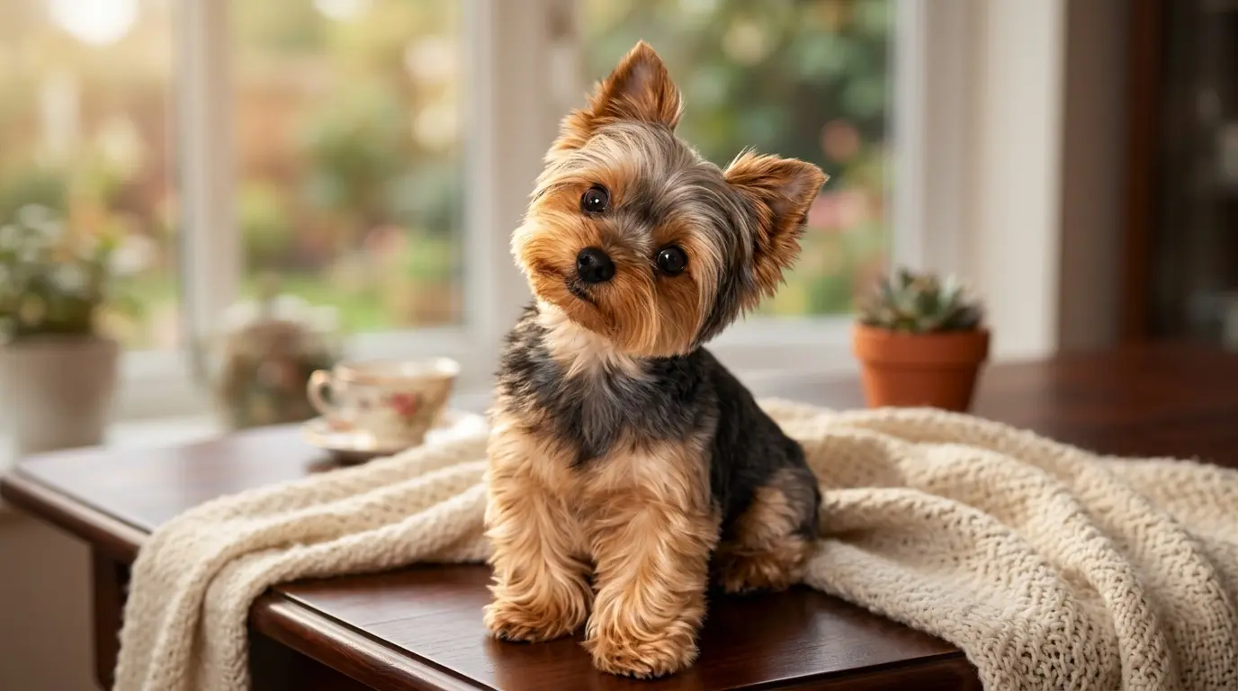 Yorkshire Terrier with a silky coat sitting on a wood table beside a window and knit blanket